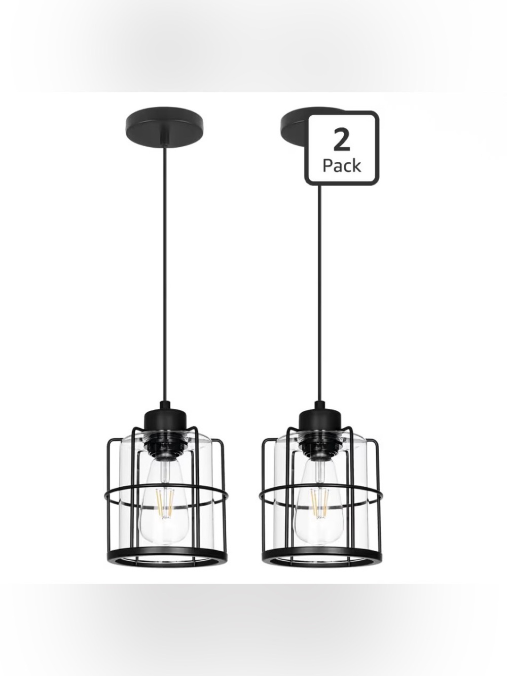 Set of 2, Industrial Black Pendant Lights Kitchen Island, Glass